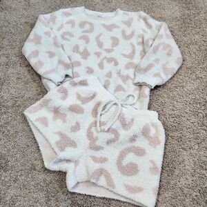 Soft Cream and Pink Women's Leopard Print Lounge Set size L